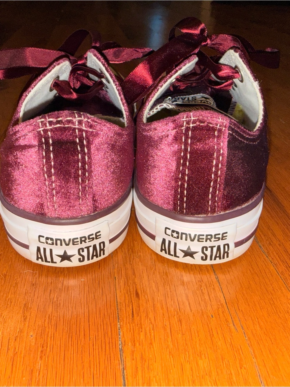 Converse Women’s Low Top Velvet Sneakers w/Ribbon Laces- Burgundy Satin - Picture 2 of 4